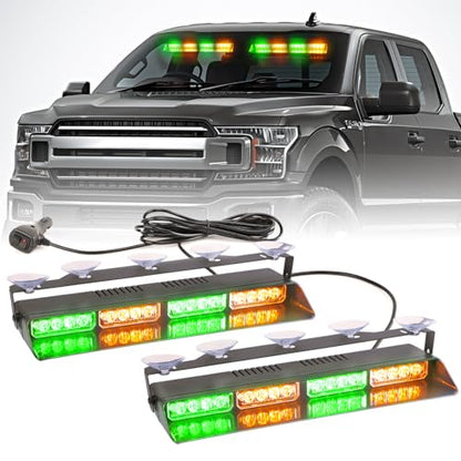 2 in 1 LED Emergency Dash Strobe Light Bar Front/Rear Windshield Safety Flashing Warning Hazard Interior Lights for Police Firefighter Construction Vehicles Trucks (2x14 inch, Amber/Green) - color: #10 Amber/Green