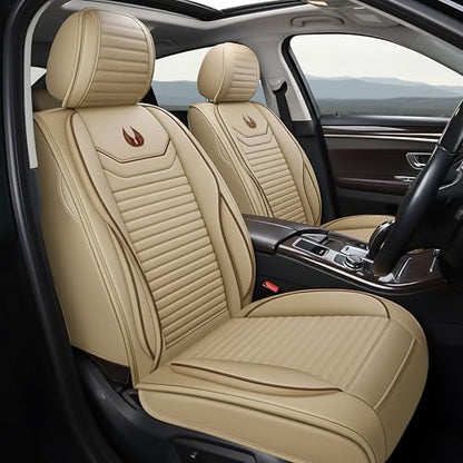 OASIS AUTO Car Seat Covers Full Set Premium Waterproof Full Coverage Faux Leather Luxury Universal Fit for SUV, Sedan, Pick-up Truck, Premium Interior Protectors (OD-008 Tan) - color: Tan