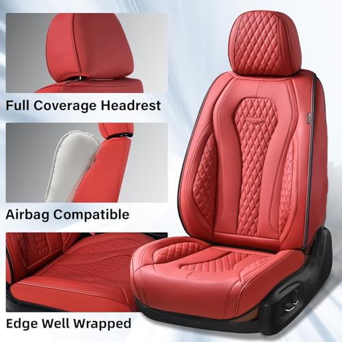 Coverado Car Seat Covers Full Set, Seat Covers, Car Seat Cover, Car Seat Covers Front Seats Back Seat Cover, Waterproof Car Seat Cushion, Leather Red Seat Covers Seat Protector Universal Fit Most Cars - color: Full-Red, size: FullSet