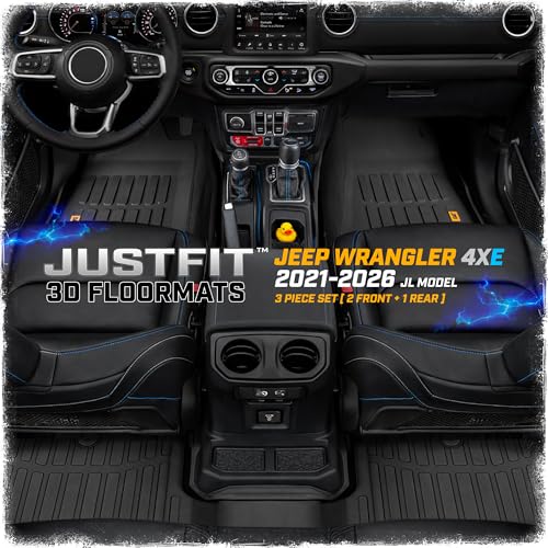 Cat® JustFit™ 3D Floor Mats for Jeep Wrangler 4XE 2021–2026 4-Door Custom Fit All Weather Floor Liners Heavy Duty Rubber Mats for 4XE Hybrid Jeep Wrangler Accessories for Full Interior Protection 4dr - style: Jeep Wrangler 4XE (2021-2026)