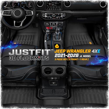 Cat® JustFit™ 3D Floor Mats for Jeep Wrangler 4XE 2021–2026 4-Door Custom Fit All Weather Floor Liners Heavy Duty Rubber Mats for 4XE Hybrid Jeep Wrangler Accessories for Full Interior Protection 4dr - style: Jeep Wrangler 4XE (2021-2026)