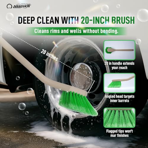 Nanoskin Professional 20-Inch Angled Tire & Wheel Cleaning Brush - Durable Green Polystyrene Bristles for Effective Auto Detailing, Gentle Car Wash Tool | Long-Handled Scrub Brush for Trucks and RVs - size: 20"