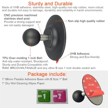 Flex Adhesive Ball Base with B Size 1" Ball Compatible with RAM Mounts Double Socket Arm 1 inch Ball Adhesive Mount Adapter for Motorcycle/Car Phone Holder, Car Dashboards, Flat and Curved