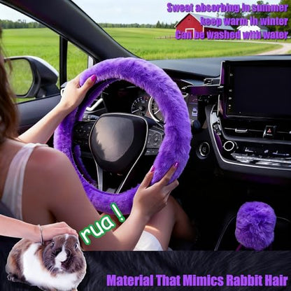 Furry Car Steering Wheel Cover, Fluffy Cover, Soft Warm Plush Non-Slip, 14 1/2-15 inch, for Women Girls, Purple - color: single cover - purple