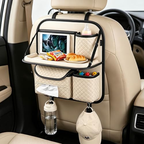 PU Leather Backseat Car Organizer with Tray, Cup Holder, Tablet Pocket & Tissue Holder, Back Seat Car Organizer for Kids and Women, Universal Car Seat Storage Organizer (Beige) - color: Beige