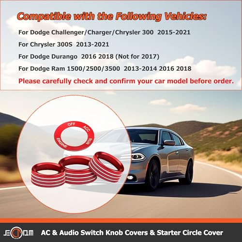 Air Conditioner Switch Button Knob Cover, Car Interior Accessories Radio Volume Control Knob, Aluminum Alloy Trim Rings Compatible with Dodge Challenger Durango 2015-2022 - color: Red