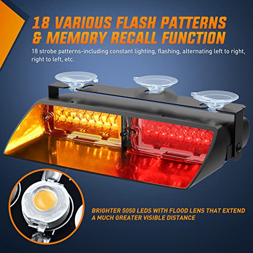 Nilight Emergency Strobe Lights, Windshield Hazard Warning Safety Flash Lights with Suction Cups, 16 LEDs, Amber and Red, ABS Housing, 2 Year Warranty - color: Amber and Red