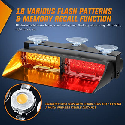 Nilight Emergency Strobe Lights, Windshield Hazard Warning Safety Flash Lights with Suction Cups, 16 LEDs, Amber and Red, ABS Housing, 2 Year Warranty - color: Amber and Red