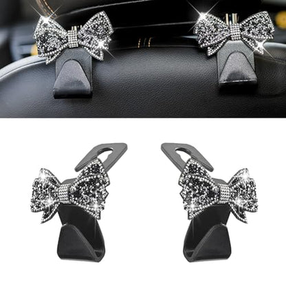 2 PCS Car Seat Headrest Hooks, Bling Rhinestones Crystal Bow Car Purse Hooks, Cute Backseat Storage Hanger for Handbag Purse Coat, Universal for SUV Truck Sedan (Black) - color: Black