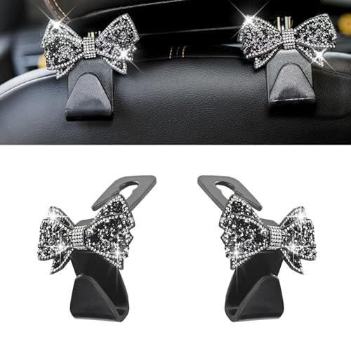 2 PCS Car Seat Headrest Hooks, Bling Rhinestones Crystal Bow Car Purse Hooks, Cute Backseat Storage Hanger for Handbag Purse Coat, Universal for SUV Truck Sedan (Black) - color: Black