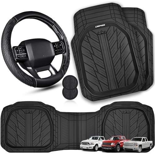 CAR PASS Rubber Leather Steering Wheel Cover Large-Size 15.5-16 Inches Fit for Truck SUV Large Car Ram F150 Tundra 4Runner Tacoma, XXL Heavy Duty Deep-Dish Car Floor Mats, Trim-to-Fit Car Mat Black - color: All Black Combo Sets 40