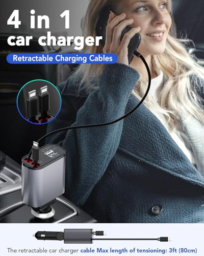 Retractable Car Charger, 4 in 1 Fast Charging 69W, Cigarette Lighter Adapter 2 Retractable iPhone Cables and USB Car Charger,Compatible with iPhone 14/13/12/11,Galaxy,Pixel - size: Cords for apple 5-14