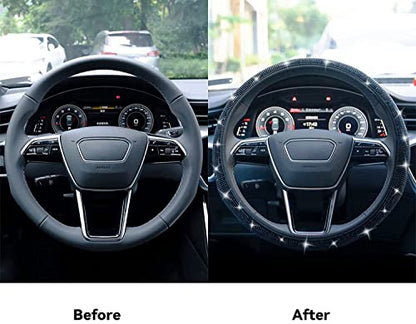 Bling Steering Wheel Cover, Rhinestone Steering Wheel Cover with Crystal Diamond for Women, Sparkling Car Wheel Protector Universal Fit 14-15 inches - Black - color: black