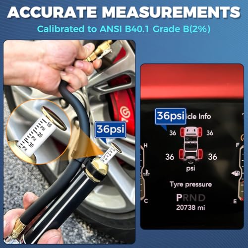 Tire Inflator with Pressure Gauge(10-120 PSI).Calibrated to ANSI B40.1 Grade B.w/Rubber Hose Lock on Air Chuck and Connect Coupler.