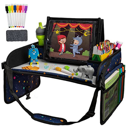Lusso Gear Car Seat Activity Tray - Dry-Erase Top & Toddler Travel Essential - Mesh Pockets & Car Back Seat Organizer - Cup Holder & Road Trip Essentials for Kids - 600D Oxford Material - color: - Planets