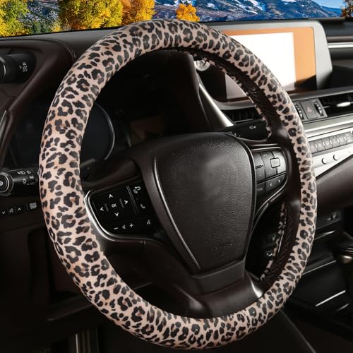 Leopard Print Steering Wheel Cover with Silicone Inner Ring, Non-Toxic, Odorless Silicone Leather with Non-Fading Cheetah Pattern for Men Women, Universal 14.5 to 15 Inch (Leopard Print) - style: Brown Leopard Print