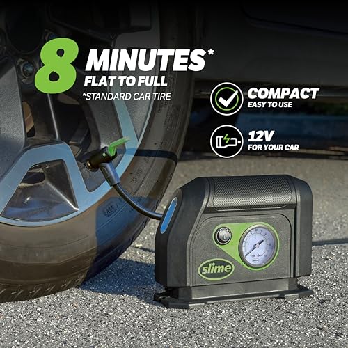 Slime 40050 Tire Inflator, Portable Car Air Compressor, with Analog 100 psi Dial Gauge, Long Hose and LED Light, 12V, 8 min Inflation - style: Analog