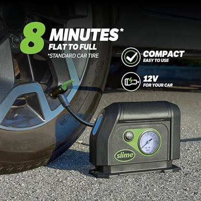 Slime 40050 Tire Inflator, Portable Car Air Compressor, with Analog 100 psi Dial Gauge, Long Hose and LED Light, 12V, 8 min Inflation - style: Analog