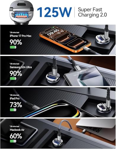 【Upgraded】 125W Car Charger USB C Super Fast Charging, [PD65W & QC60W][All Metal] MRGLAS Cigarette Lighter Car Charger, RV Car Electronics Accessories for iPhone 17 Pro Max iPad Samsung S25 Pixel 10 - color: Black