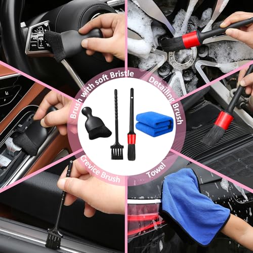 Qydipclin 10pcs Windshield Cleaning Tool Inside Car Window Cleaner Wash Kit with 4 Reusable Microfiber Pads 1 Spray Bottle and Extendable Handle Interior Auto Glass Wiper Kit, Pink - color: Pink