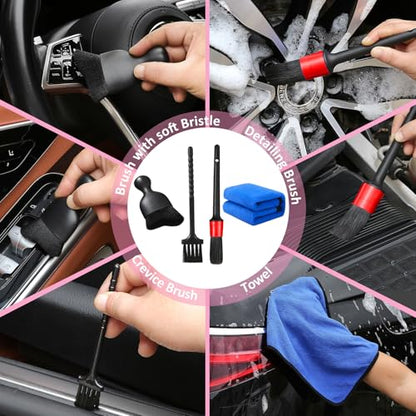Qydipclin 10pcs Windshield Cleaning Tool Inside Car Window Cleaner Wash Kit with 4 Reusable Microfiber Pads 1 Spray Bottle and Extendable Handle Interior Auto Glass Wiper Kit, Pink - color: Pink