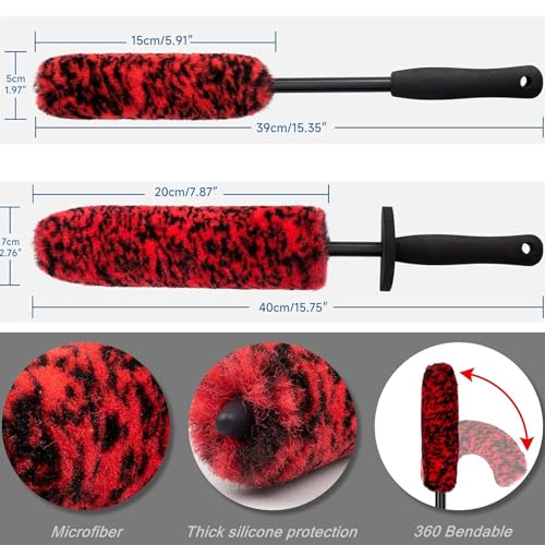 4PCS Wheel Brush Kit for Cleaning Wheel and Tire, Wheel and Rim Brush, Car Detailing Brushes, 360 Degree Bendable & Durable Car Wheel Rim Cleaner Brush Set (Red) - color: Red