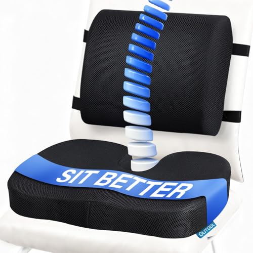 Seat Cushion & Lumbar Support Pillow for Office Chair, Car, Wheelchair Memory Foam Desk Chair Cushion for Sciatica, Lower Back & Tailbone Pain Relief Desk Pad with Adjustable Strap 3D Washable Cover - color: Filling-white Memory Foam