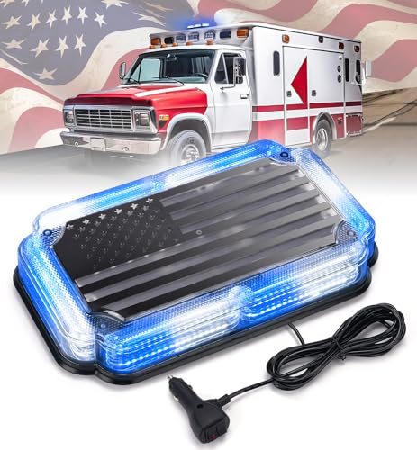 Xprite 108 LED Roof Top Strobe Light, US Flag Pattern Police Flashing Light, Emergency Hazard Warning LED Mini Strobe Lightbar w/Magnetic Base for Police Firefighter EMS Vehicles Trucks, Blue White - color: Blue White