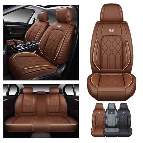 OASIS AUTO Car Seat Covers Full Set Premium Waterproof Faux Leather Cushion Universal Accessories Fit SUV Truck Sedan Automotive Vehicle Auto Interior Protector (013-Brown) - color: 013-Brown