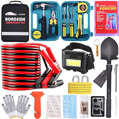 LIANXIN Emergency Roadside Kit for Car - Roadside Safety Tool Kit,with Jumper Cables Car Kit Headlamp Folding Shovel Safety Hammers Tow Rope, Emergency Roadside Car Kit - color: gray