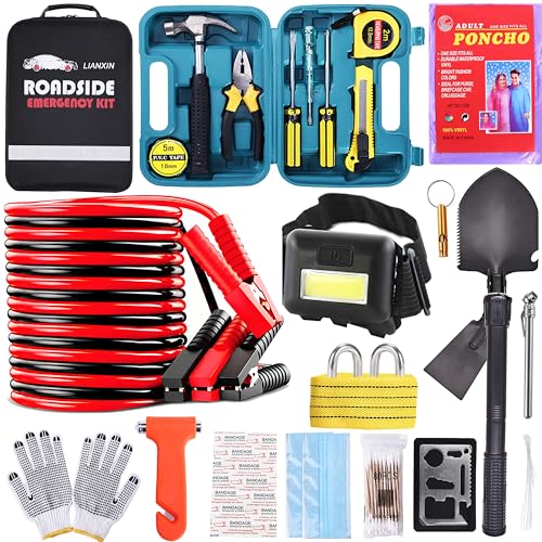 LIANXIN Emergency Roadside Kit for Car - Roadside Safety Tool Kit,with Jumper Cables Car Kit Headlamp Folding Shovel Safety Hammers Tow Rope, Emergency Roadside Car Kit - color: gray
