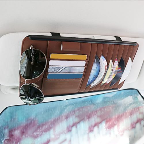 Car Sun Visor Pocket Organizer, Car CD/DVD Holder Storage Case, Multi-Pocket Visor Organizer Storage Pouch, Glasses Clip Storage Bag, Auto Interior Accessories Pockets Organizer (Brown) - color: Brown