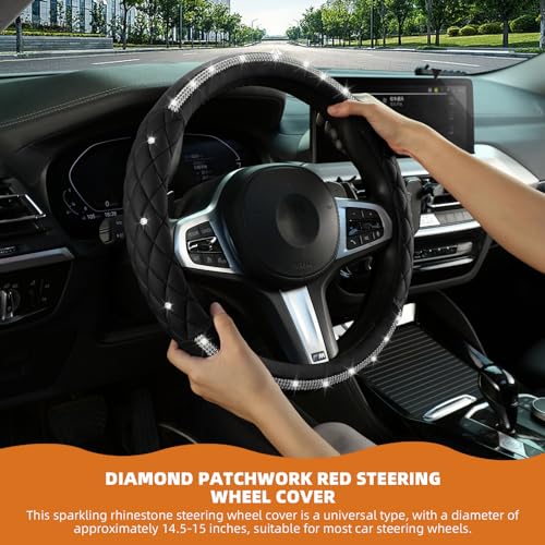 Steering Wheel Cover，with Sparkly Crystal Rhinestone, Delicate and Anti-Slip Bling Steering Wheel Cover ，Adaptable to 14.5-15 inches Car Wheel Protector for Women Girl，Diamond Car Accessories, Black - color: Black