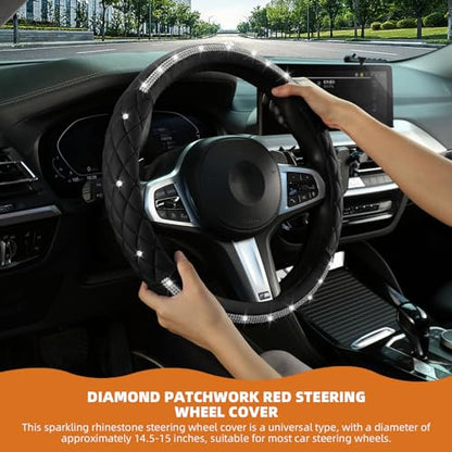 Steering Wheel Cover，with Sparkly Crystal Rhinestone, Delicate and Anti-Slip Bling Steering Wheel Cover ，Adaptable to 14.5-15 inches Car Wheel Protector for Women Girl，Diamond Car Accessories, Black - color: Black