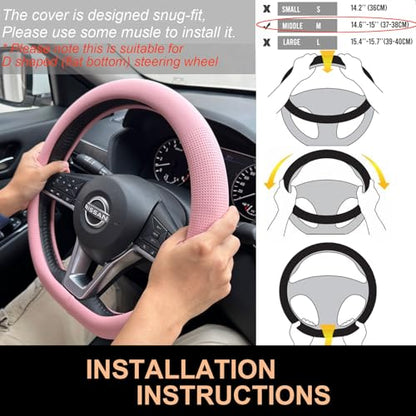 PINCTROT D Shaped Nappa Leather Steering Wheel Cover, Slim Fit No Bulk Design, One Piece Leather with Breathable Perforation, Fit Like Gloves, Flat Bottom 14.5-15 Inch(Nappa Pink) - color: 04.Pink, size: D Shaped/Flat Bottom[14 1/2''-15'']