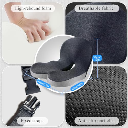 Ergonomic Seat Cushion with Adjustable Strap, Memory Foam Office Chair Seat Cushion with L-Shaped Design, Car Seat Cushion Fits for Truck Driver Semi Truck, Gaming Chair, Desk, Light&Dark Gray - color: Dark Gray+light Gray
