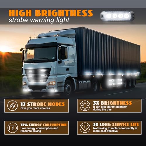4PCS Ultra Slim LED Strobe Lights for Trucks 4-LED Surface Mount Flashing Emergency Lights, 12V 24V LED Mini Grille Hazard Warning Caution Light for Truck, Vehicles ATV Cars Trailer SUV,White - color: White