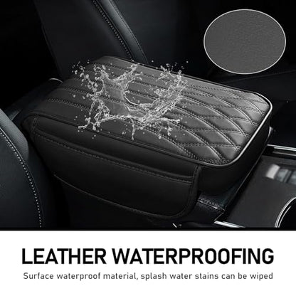 Armrest Cover, Memory Foam Relieve Stress Center Console Pad, Anti-Slip Breathable Leather Storage Box Cover with Storage Bag, Universal for Most Cars Interior Protection Accessories (Black)