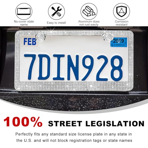 DXNQ Bling License Plate Frame, Sparkly Rhinestone Diamond License Plate Cover with Crystal Screws Caps, Glitter Crystal Stainless Steel License Plate Holder for Women, Car Accessories (White) - color: White