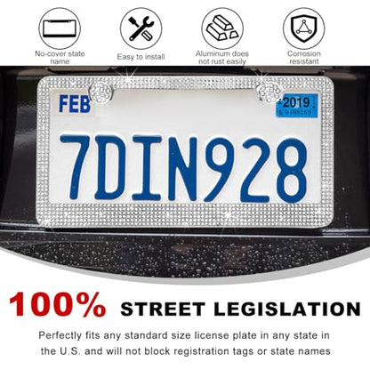 DXNQ Bling License Plate Frame, Sparkly Rhinestone Diamond License Plate Cover with Crystal Screws Caps, Glitter Crystal Stainless Steel License Plate Holder for Women, Car Accessories (White) - color: White