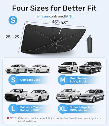 Zanch 2025 Upgraded Car Windshield Sun Shade [Cool Down by 75℉ ] with Heat Insulation Coating, Foldable Sunshade Umbrella with Flexible Handle & Ribs, Small (29''x53'') for Compact Cars, SUVs - size: Small 53''x29''