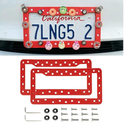 DIY Charm License Plate Frame Racing Red, 2-Pack Premium TPU License Plate Holder Compatible with Shoe Charms, Anti-Theft Stainless Steel Hardware Kit & Tools, Rattle-Proof Drainage Design - color: Red, size: 2 PCS