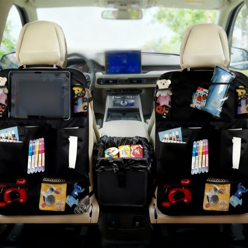 2 Pcs Large Size Car Backseat Organizer with 1 Pcs Trash Garbage Bag, Clear Screen Tablet Holder and 9 Storage Pockets,Foldable Seat Back Protectors for Toys Drinks Book ,Travel Accessories (Black)