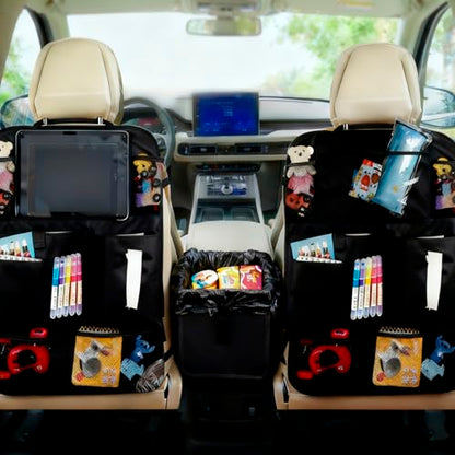 2 Pcs Large Size Car Backseat Organizer with 1 Pcs Trash Garbage Bag, Clear Screen Tablet Holder and 9 Storage Pockets,Foldable Seat Back Protectors for Toys Drinks Book ,Travel Accessories (Black)