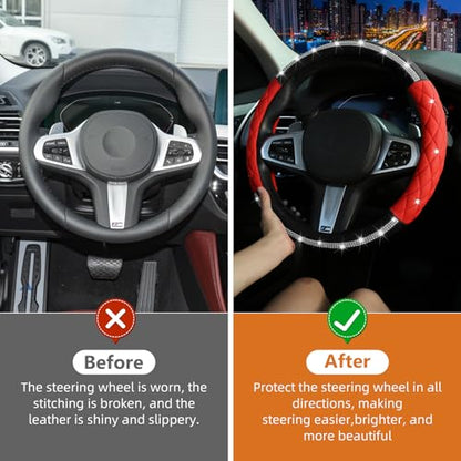 Diamond Steering Wheel Cover ，with Bling Crystal Rhinestone,Delicate and Anti-Slip Sparkly Sedan Steering Wheel Cover ，Adaptable to 14.5-15 inches Car Wheel Protector for Women Girl ，Black & Red - color: Black+Red