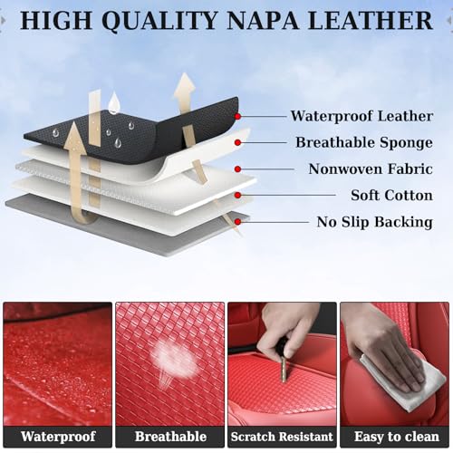 Coverado Seat Covers, Car Seat Covers Front Seats, Waterproof Nappa Leather Auto Seat Cover with Lumbar Head Pillow, Red Seat Covers Carseat Cover Universal Fit for Most Cars - color: Red（Pillow）, size: Front