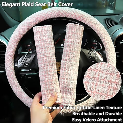 Car Seat Neck Pillow Elegant Bow Car Headrest Pillow Set - Cotton Linen Neck Cushion Universal Fit for Women Comes with 2 Seat Belt Covers (Pink Set 4Pcs) - color: Pink Set 4pcs