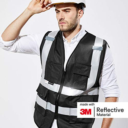 Salzmann High Visibility Safety Vest | Multi Pocket Reflective Vest | 5 Colors & 5 Sizes | Made with 3M Reflective Material - color: Black, size: X-Large