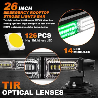 ASPL 26inch 126 LED Rooftop Emergency Strobe Lights Bar Double Side Flashing Safety Warning Traffic Advisor Light Bar Hazard Snow Plow Light for Trucks Vehicles Construction Tow Pickup(Green/White) - color: Green/White