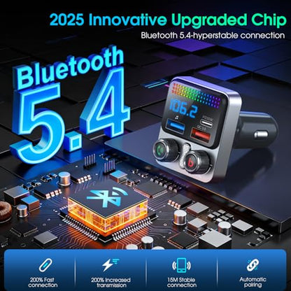 Bluetooth 5.4 Car Adapter 48W Charging USB Bluetooth Adapter for Car,Wireless Fm Transmitter Radio,Song Switching,Handsfree Calling and Audio Receiver,HiFi Music Player,Matrix LED Effects